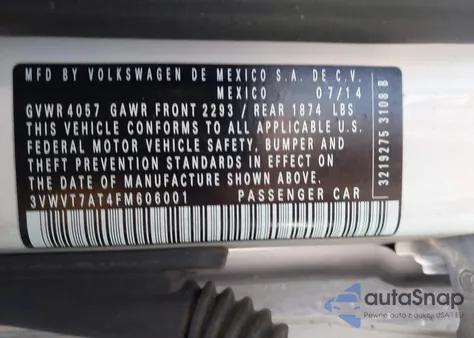 2015 Volkswagen Beetle 2.0T R-Line из США, поврежденный, VIN 3VWVT7AT4FM606001